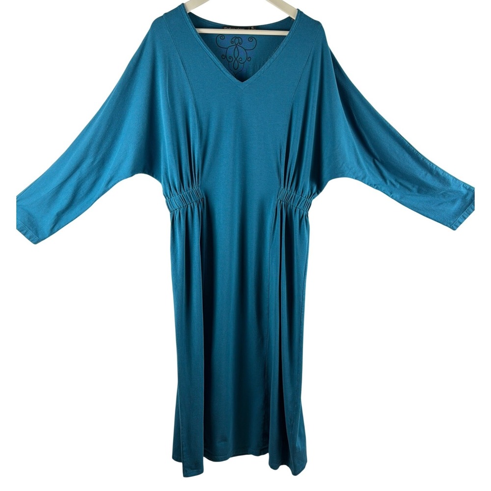 Gudrun Sjoden Teal Organic Cotton Modal V-Neck Cinched Waist Midi Maxi Dress L - Picture 3 of 8